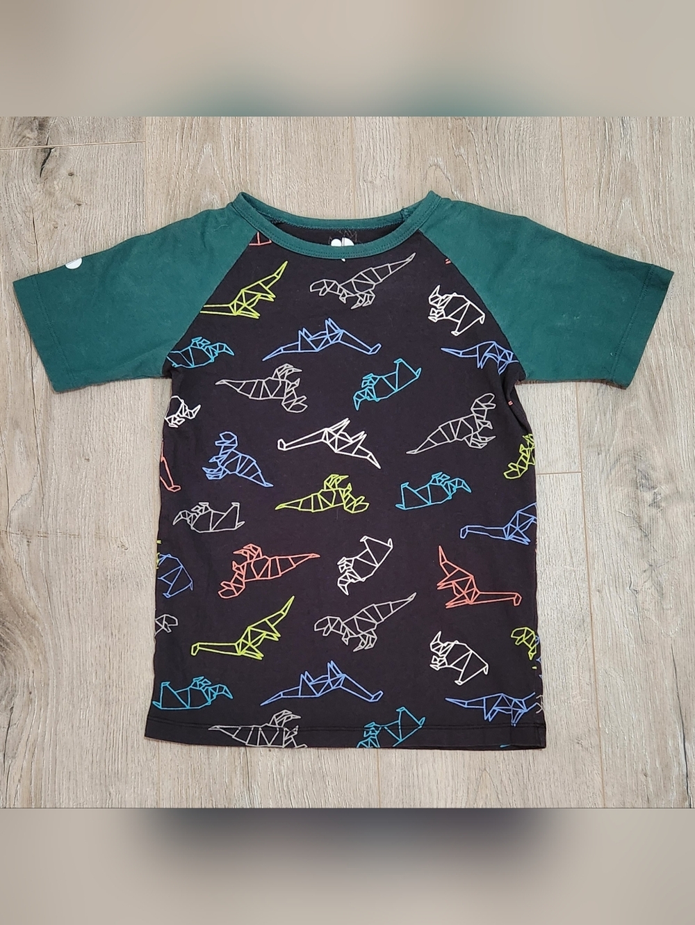 Kids Dot Dot Smile Green Sleeve Black Dino Print Shirt